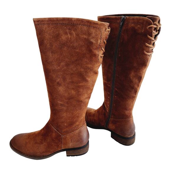 Born Rust Brown Tall Suede Leather Riding Boots Lace Accents Round Toe Size 8.5 - Picture 1 of 10